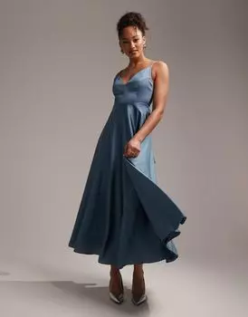 Темно-синее атласное платье миди с завязками на спине ASOS DESIGN