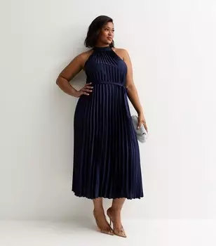 Темно-синее атласное платье миди с бретелькой Curves со складками New Look, военно-морской