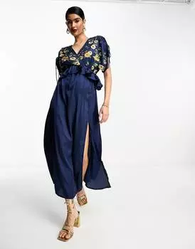 Темно-синее атласное платье миди с вышивкой и оборками на талии ASOS DESIGN