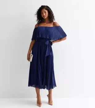 Темно-синее атласное платье миди со складками Cutie London Bardot Cutie London, военно-морской