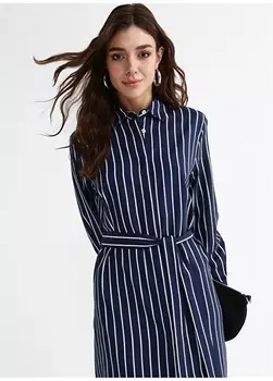 Темно-синее - белое женское платье длиной выше колена в полоску с рубашечным воротником Fabrika Comfort