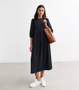 Темно-синее фактурное свободное платье с укороченными рукавами New Look, военно-морской