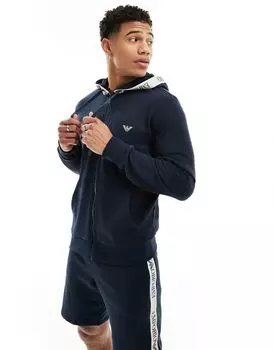 Темно-синее худи на молнии с окантовкой логотипа Emporio Armani Bodywear