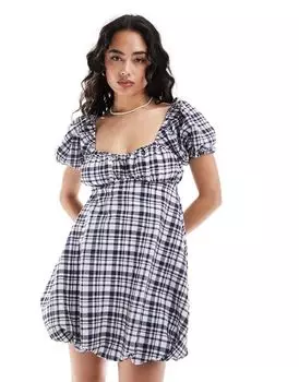 Темно-синее клетчатое платье мини с пышными рукавами и объемным подолом ASOS DESIGN