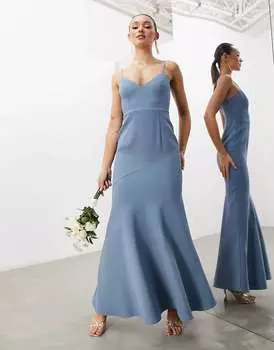 Темно-синее креповое платье макси с рыбьим хвостом и бретелями ASOS Bridesmaid