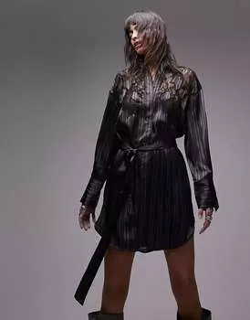 Темно-синее кружевное платье-рубашка в тонкую полоску Topshop