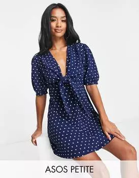 Темно-синее мини-платье в горошек с завязками спереди ASOS DESIGN Petite