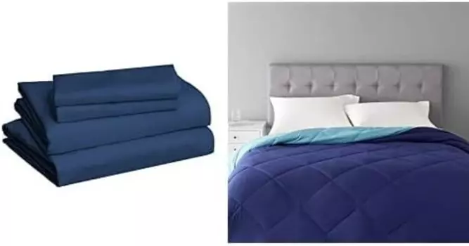 Темно-синее одеяло Amazon Basics (полный размер/размер размера «queen-size») и комплект темно-синего белья (размер размера «queen-size»), Navy