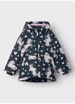Темно-синее пальто с капюшоном и длинными рукавами для девочек NMFMAXI JACKET UNICORN HEART Name t, темно-синий