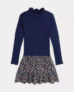 Темно-синее платье для девочки с юбкой в цветочек Polo Ralph Lauren, темно-синий