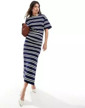 Темно-синее платье-футболка длиной до икры ASOS с белыми полосками, круглым вырезом и сборками по бокам