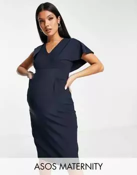 Темно-синее платье-карандаш миди с рукавами ангела ASOS DESIGN Maternity Maternity