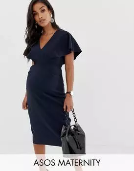 Темно-синее платье-карандаш миди с рукавами ангела ASOS DESIGN Maternity Maternity