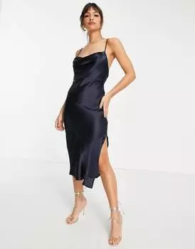 Темно-синее платье-комбинация миди на бретелях со шнуровкой сзади ASOS DESIGN