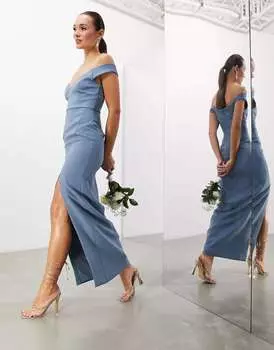 Темно-синее платье макси из крепа с разрезом и разрезом ASOS Bridesmaid