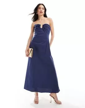 Темно-синее платье макси из поплина-бандо Bardot
