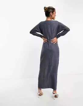 Темно-синее платье макси с длинными рукавами и рюшами ASOS