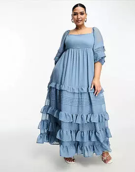 Темно-синее платье макси с оборками и защипами на подоле ASOS DESIGN Curve