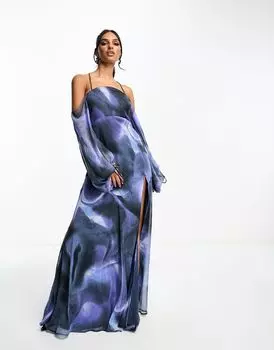 Темно-синее платье макси с открытыми плечами и волнистым вырезом ASOS DESIGN