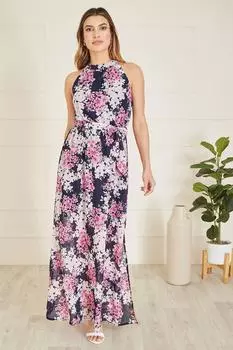 Темно-синее платье макси с вырезом через шею и разрезом по бокам Mela, синий