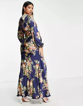 Темно-синее платье макси с высоким воротником и расклешенными манжетами ASOS DESIGN Maternity