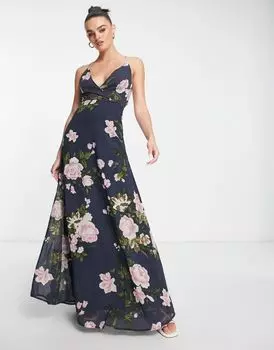 Темно-синее платье макси с запахом и шнуровкой на спине ASOS DESIGN