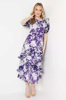 Темно-синее платье миди из органзы с цветочным принтом и пышными рукавами Oasis, темно-синий