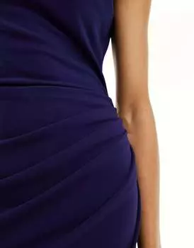 Темно-синее платье миди на одно плечо с драпировкой и бахромой ASOS DESIGN Tall