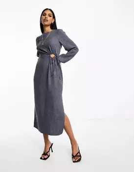 Темно-синее платье миди с длинными рукавами и вырезом на талии ASOS
