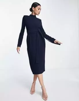 Темно-синее платье миди с длинными рукавами и поясом оби ASOS DESIGN