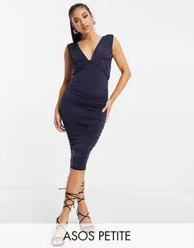 Темно-синее платье миди с глубоким вырезом и рюшами ASOS DESIGN Petite