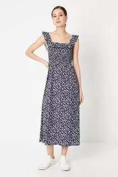 Темно-синее платье миди с гофрированным лифом и рюшами Dorothy Perkins, темно-синий