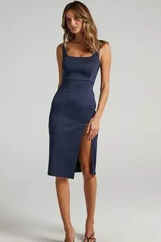 Темно-синее платье миди с разрезом и бретелями MADMEXT