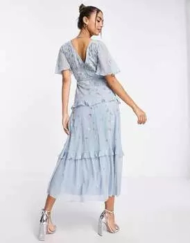 Темно-синее платье миди с развевающимися рукавами и вышивкой ASOS Bridesmaid