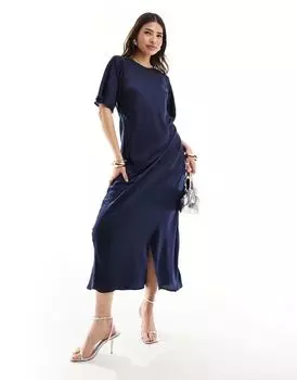 Темно-синее платье миди с запахом и развевающимися рукавами ASOS DESIGN