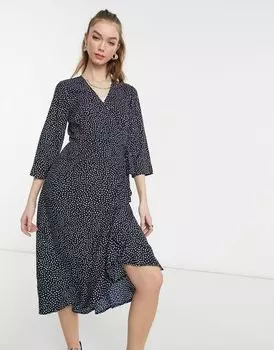 Темно-синее платье миди с запахом Vero Moda в горошек