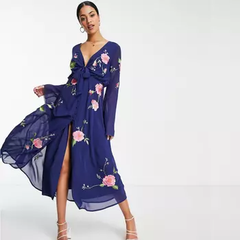 Темно-синее платье миди с завязками спереди и цветочной вышивкой ASOS DESIGN Tall