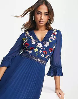 Темно-синее платье миди со складками и вышивкой ASOS DESIGN