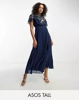 Темно-синее платье миди со складками и вышивкой спереди ASOS DESIGN Tall