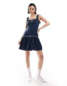 Темно-синее платье мини с оборками и бретелями ASOS DESIGN