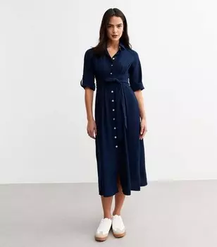 Темно-синее платье-рубашка миди с завязкой на талии New Look, военно-морской