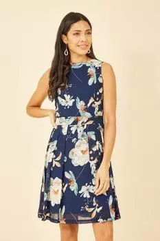 Темно-синее платье с плиссированной юбкой с цветочным принтом Mela, синий