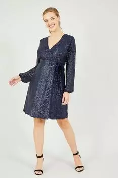 Темно-синее платье с запахом с пайетками и бархатным галстуком Yumi, синий