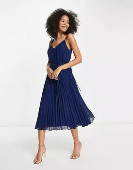 Темно-синее плиссированное платье миди на бретельках с кулиской на талии ASOS DESIGN