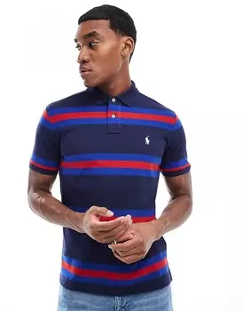 Темно-синее поло из пике с полосками и логотипом Polo Ralph Lauren