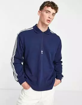 Темно-синее поло с длинными рукавами и молнией 1/2 adidas Originals Adicolor с 3 полосками
