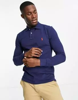 Темно-синее приталенное поло с длинными рукавами из пике Polo Ralph Lauren icon logo