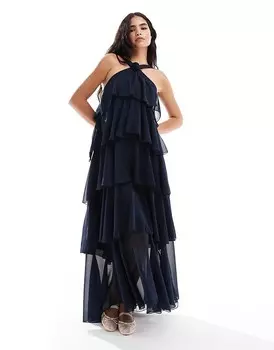 Темно-синее ярусное платье макси с воротником-хомутом и корсажем Vero Moda