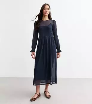 Темно-синее свободное платье миди с длинными рукавами в сеточку New Look, военно-морской