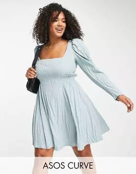 Темно-синее текстурированное платье бэби-долл со сборками ASOS DESIGN Curve